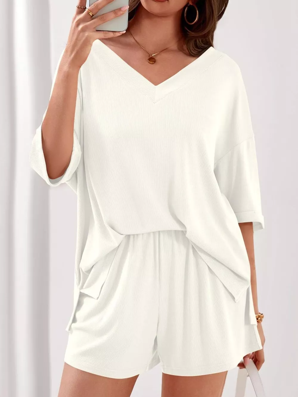 Casual Solid Color V-Neck Top & Shorts Set, image 25