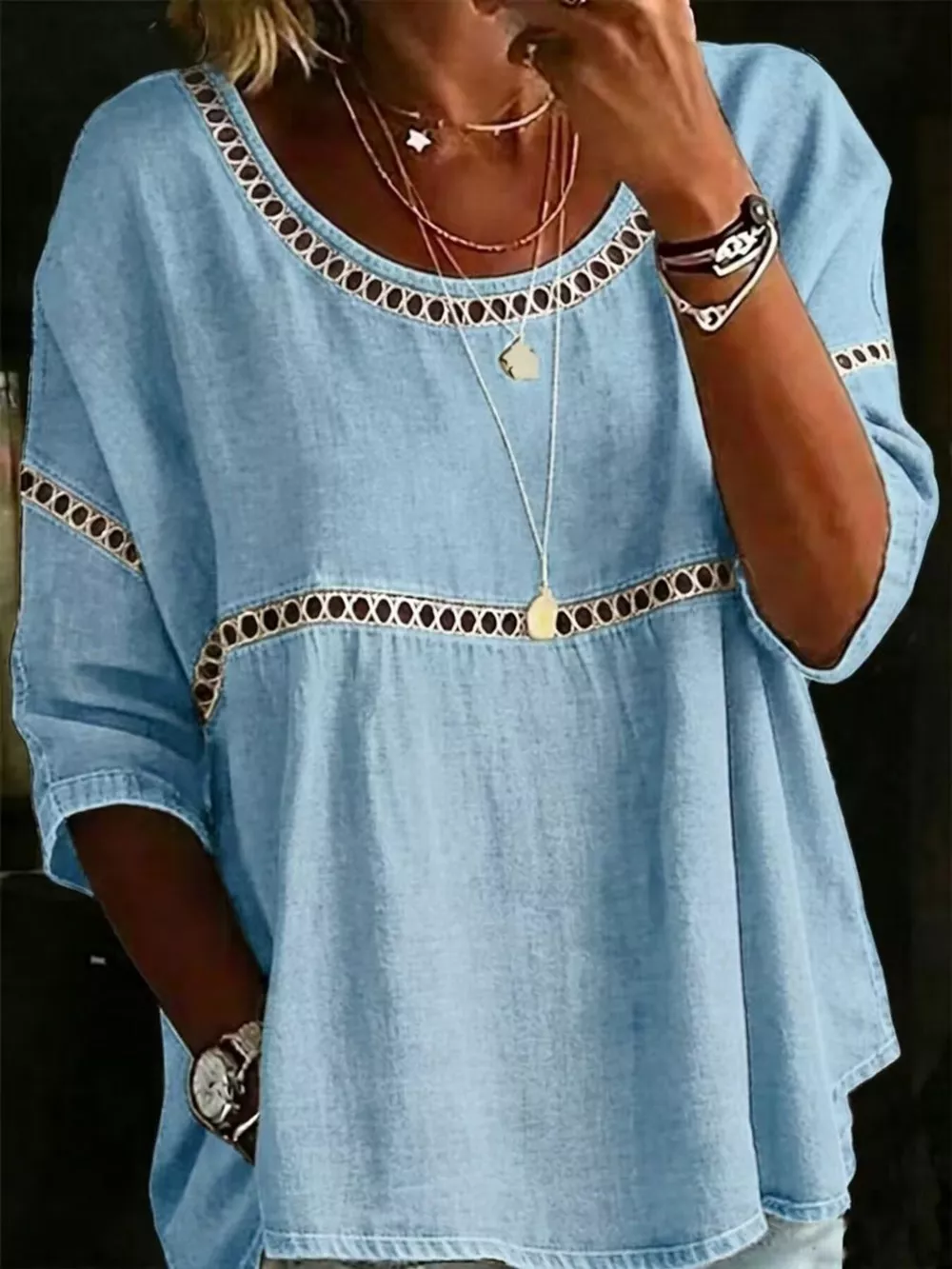 Full Size Hollow Out Round Neck Top Plus Size, image 17