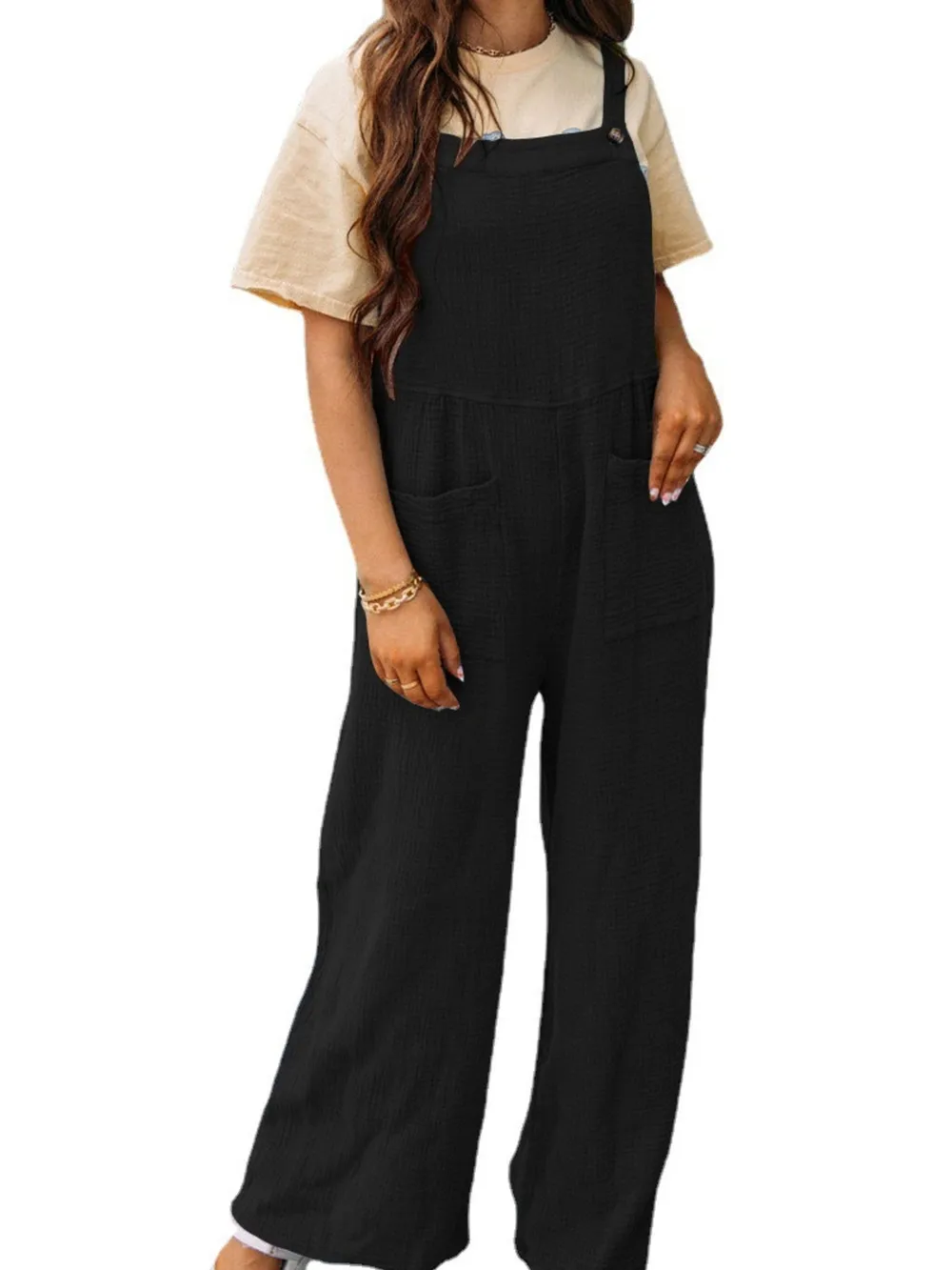 Full Size Casual Wide Leg Textured Overalls Plus Size, image 33