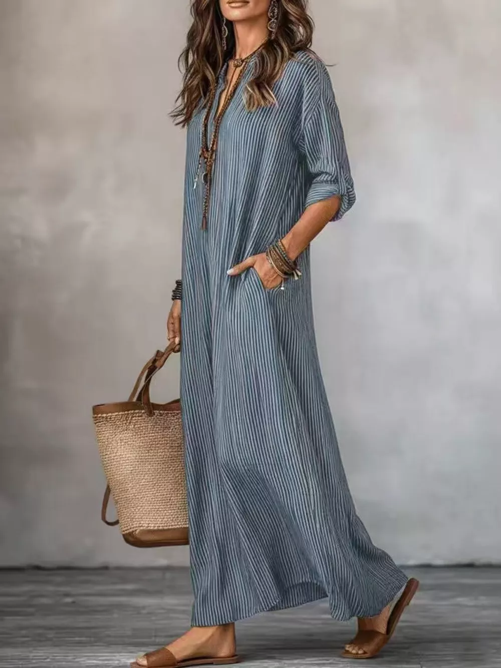 Full Size Striped Notched Maxi Dress with Pockets Plus Size, image 2