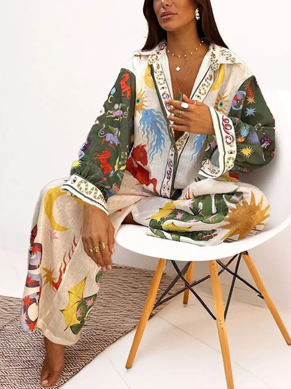 Full Size Printed Long Sleeve Shirt and Wide Leg Pants Set Plus Size