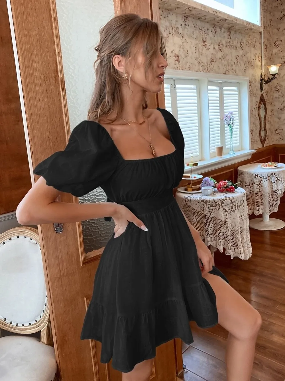 Square Neck Puff Sleeve Mini Dress, image 11