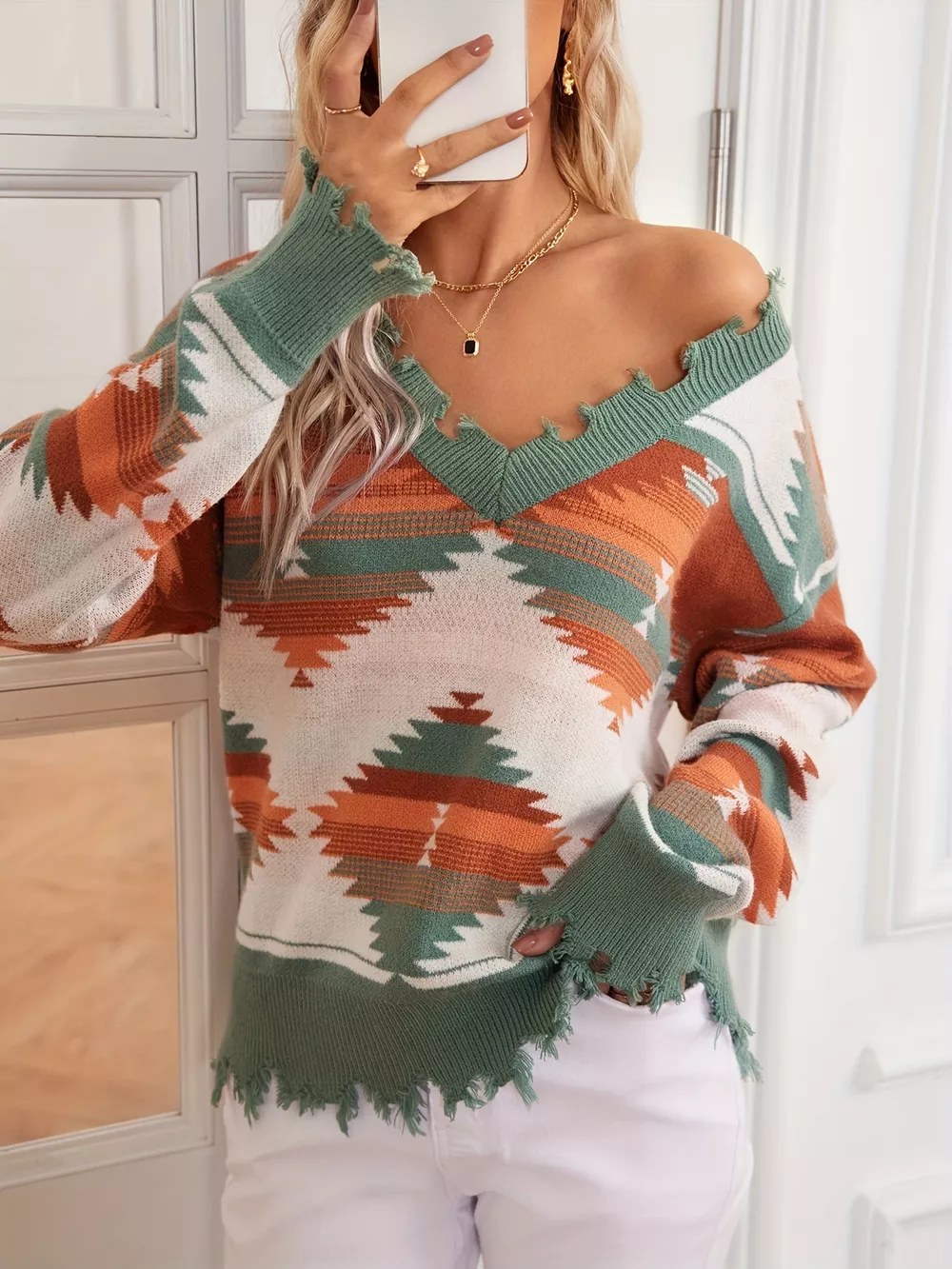 Geometric Frayed Hem V-Neck Long Sleeve Sweater, image 10