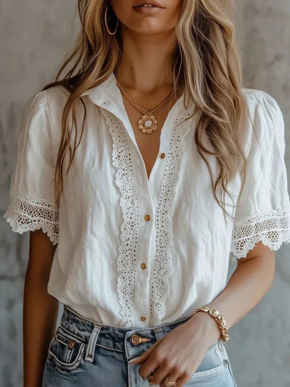 Lace-Trimmed Short Sleeve Button-Down Shirt, image 2