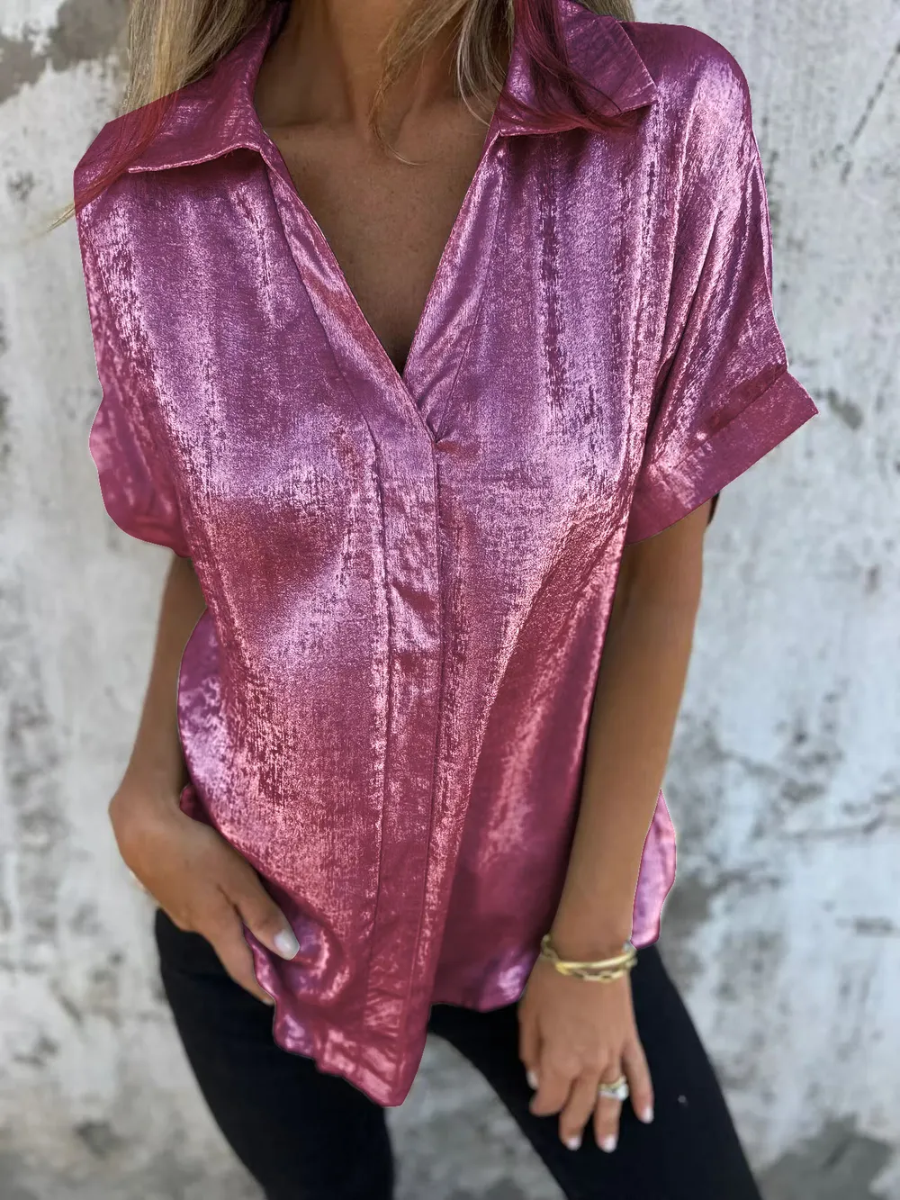 Full Size Collared Neck Short Sleeve Shirt Plus Size, image 18
