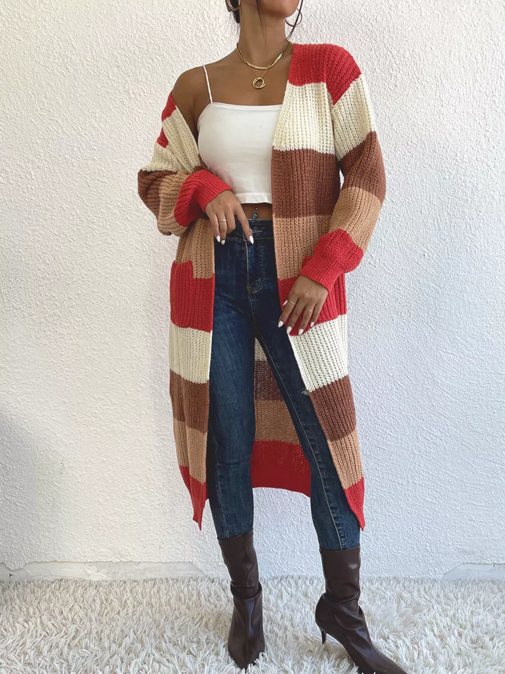 Striped Color Block Open Front Knit Cardigan, image 9