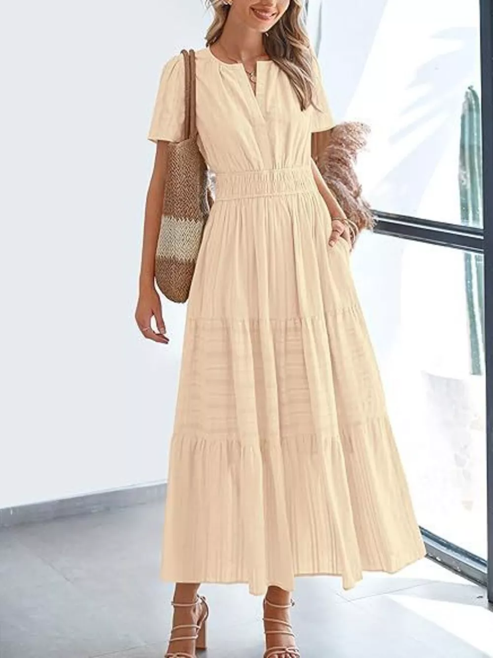 Full Size Short Sleeve Tiered Midi Dress Plus Size, image 26