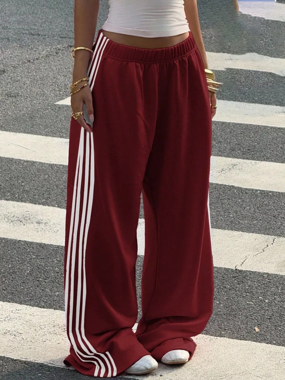 High-Waisted Wide-Leg Track Pants with Side Stripes, image 13