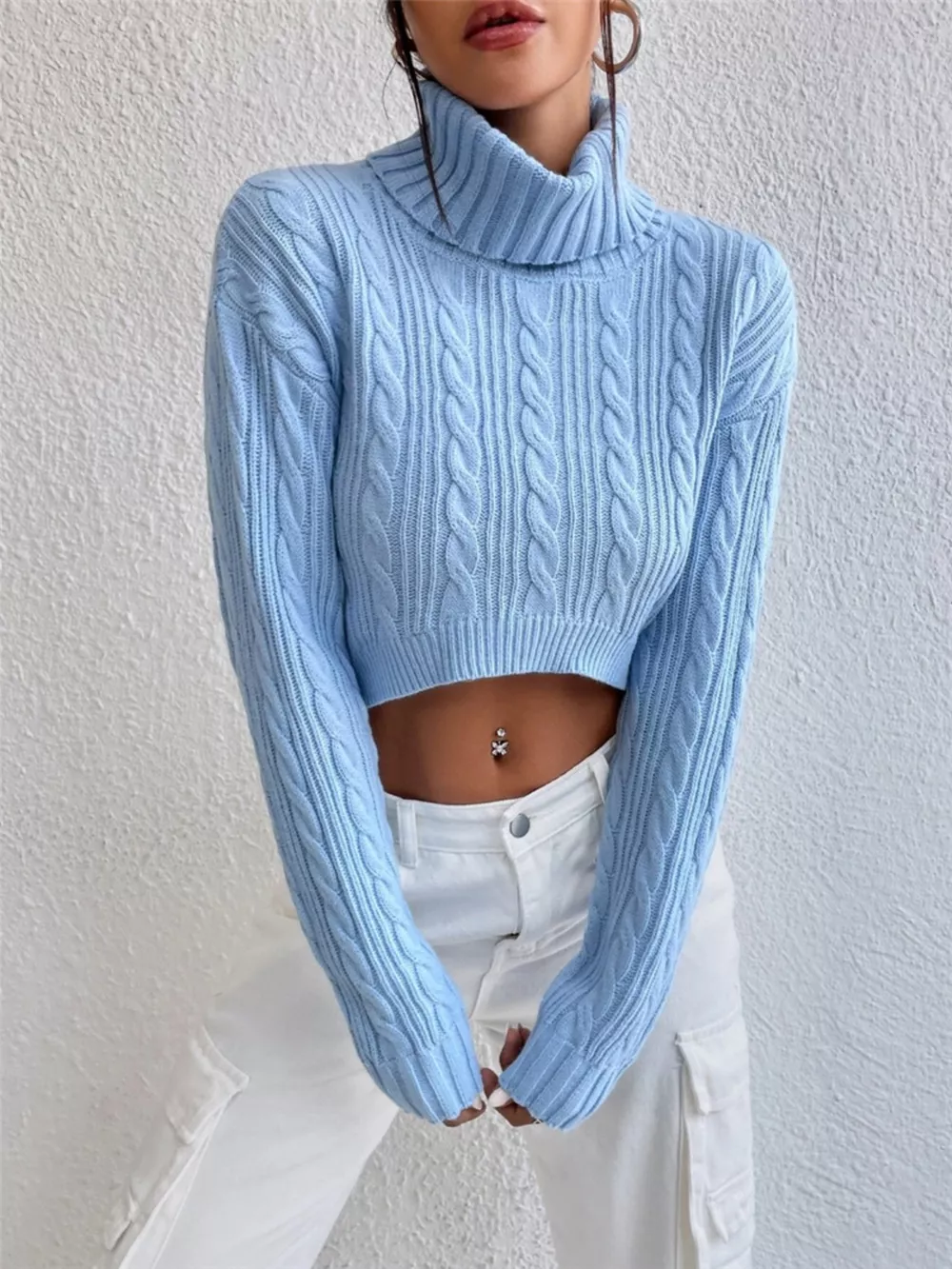 Cable-Knit Turtleneck Long Sleeve Sweater, image 2