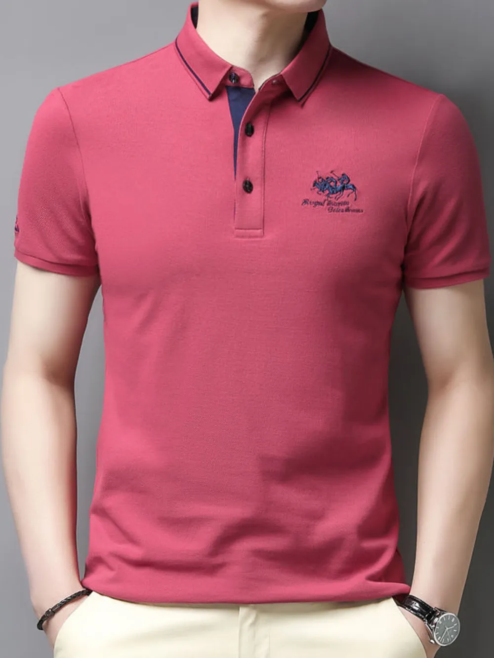 Men's Plus Size Embroidered Short Sleeve Contrast Polo, image 4