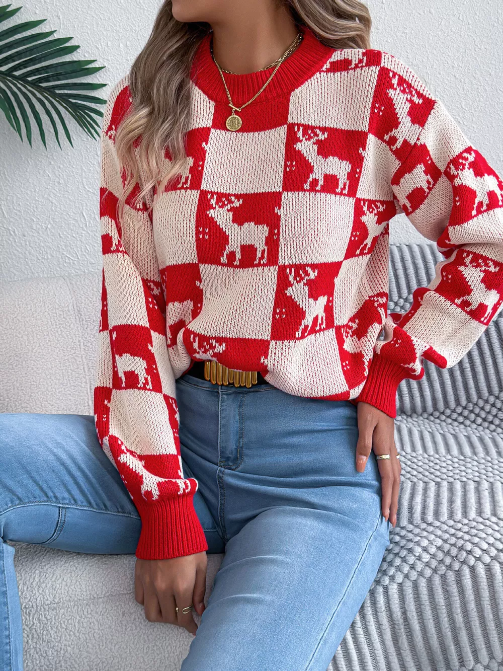 Reindeer Checkerboard Pattern Pullover Sweater, image 3