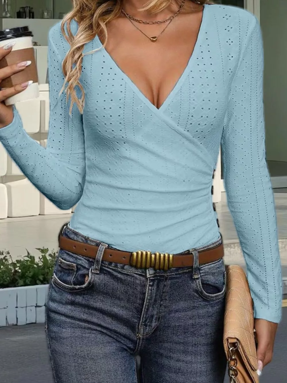 Eyelet Surplice Long Sleeve Top, image 4