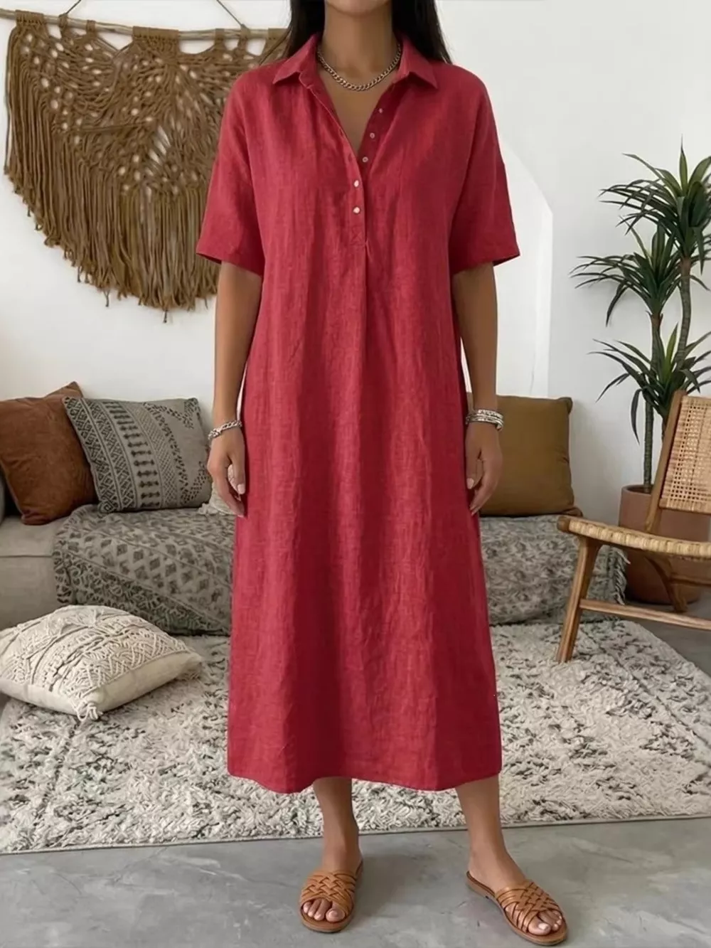 Full Size Button Detail Half Sleeve Dress Plus Size, image 6