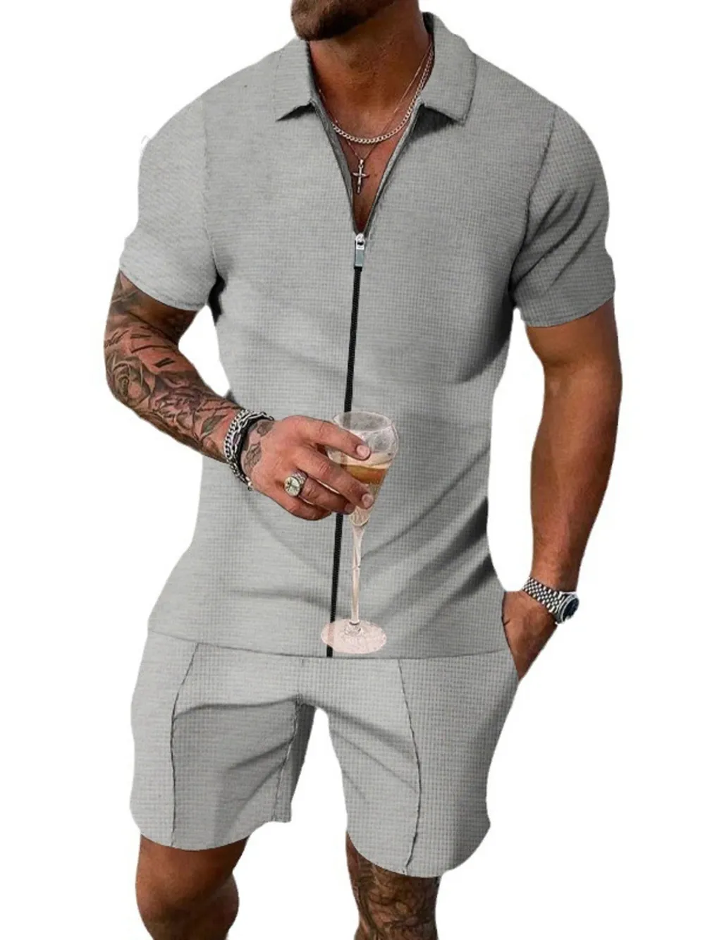 Men's Plus Size Zip Up Short Sleeve Top and Shorts Set, image 7