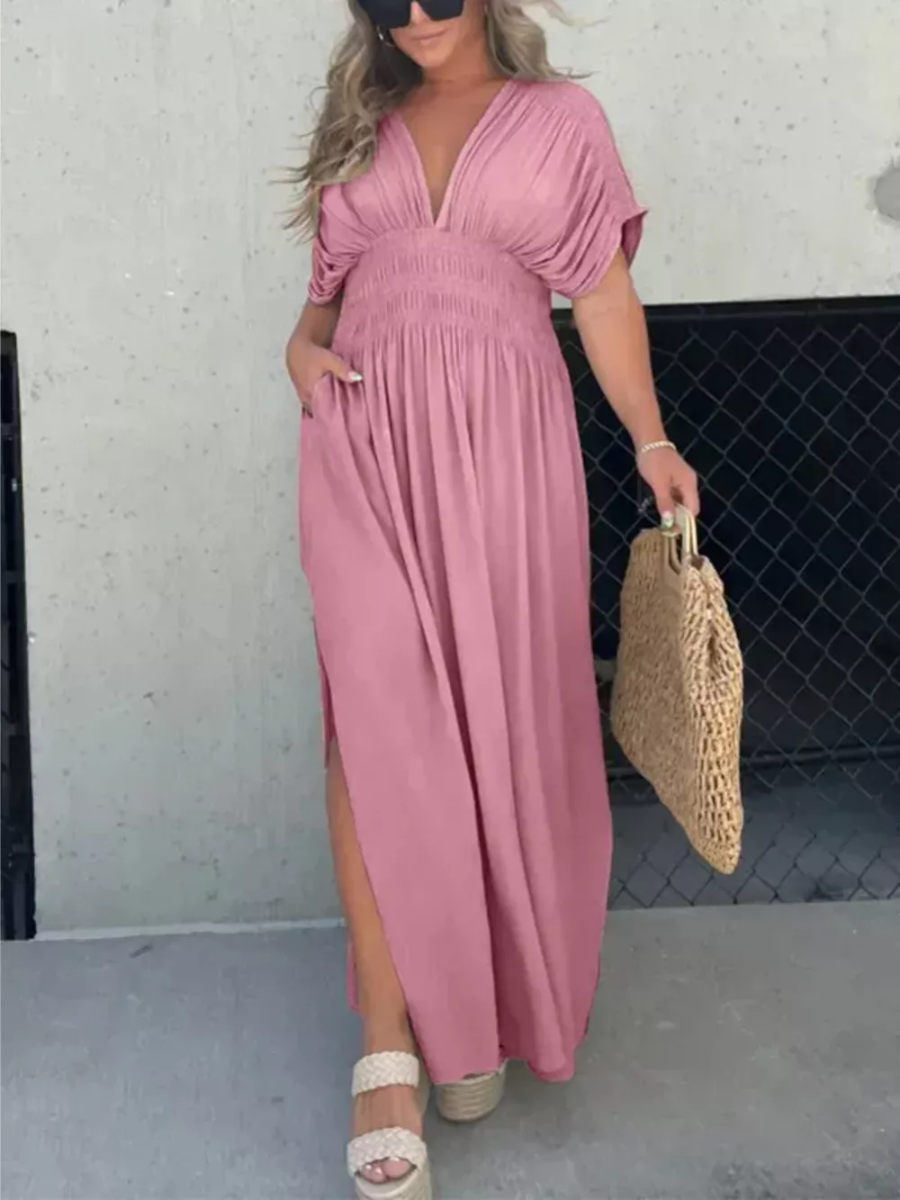 Full Size Slit V-Neck Smocked Waist Maxi Dress Plus Size, image 21