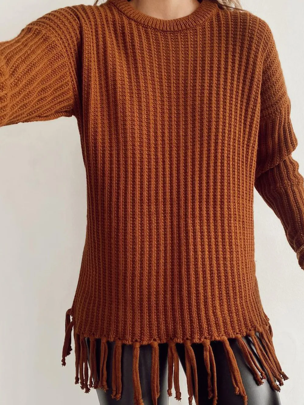 Fringe Round Neck Long Sleeve Sweater, image 12