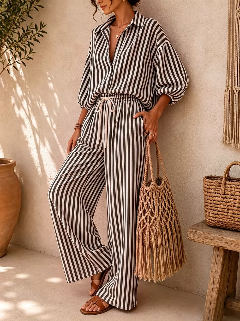 Striped Collared Shirt and Wide-Leg Drawstring Pants Set, image 3
