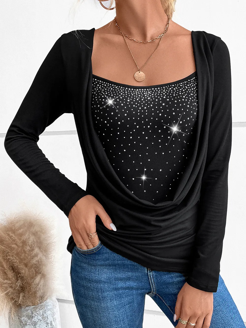 Rhinestone Ruched Long Sleeve T-Shirt, image 4