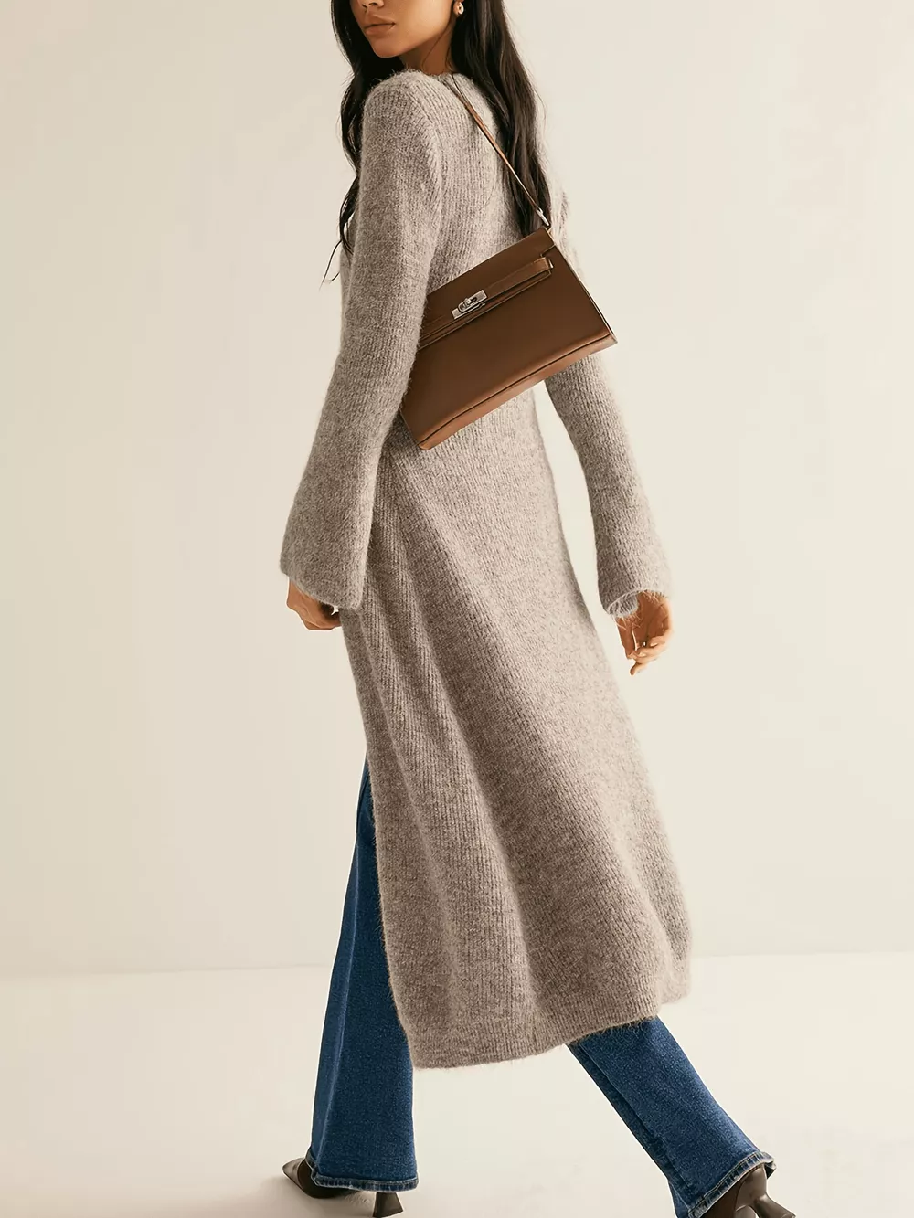 Longline Button-Down Bell Sleeve Cardigan, image 3
