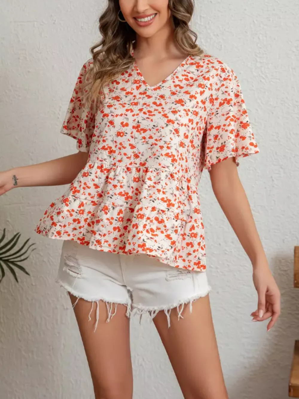 Floral Print V-Neck Ruffle Sleeve Peplum Blouse, image 3