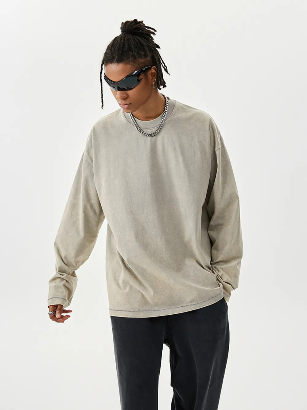 Men's Washed Round Neck Long Sleeve T-Shirt, image 9