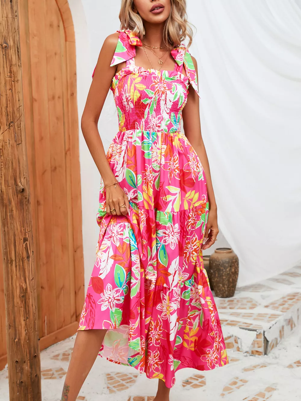 Tropical Print Smocked Tie-Strap Dress, image 12