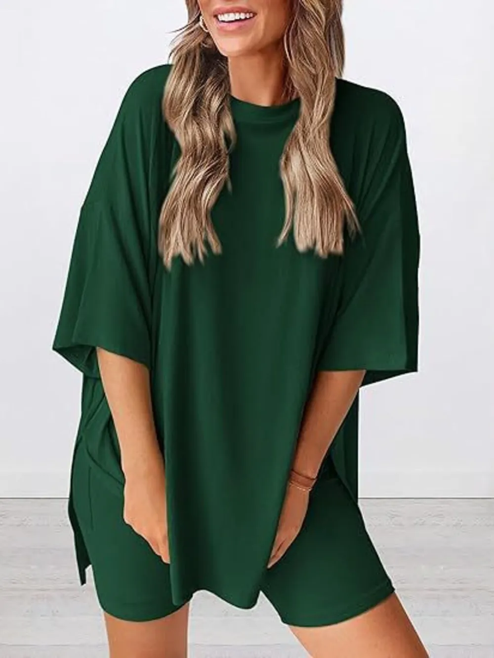 Full Size Oversized Slit Round Neck Top and Shorts Lounge Set Plus Size, image 27
