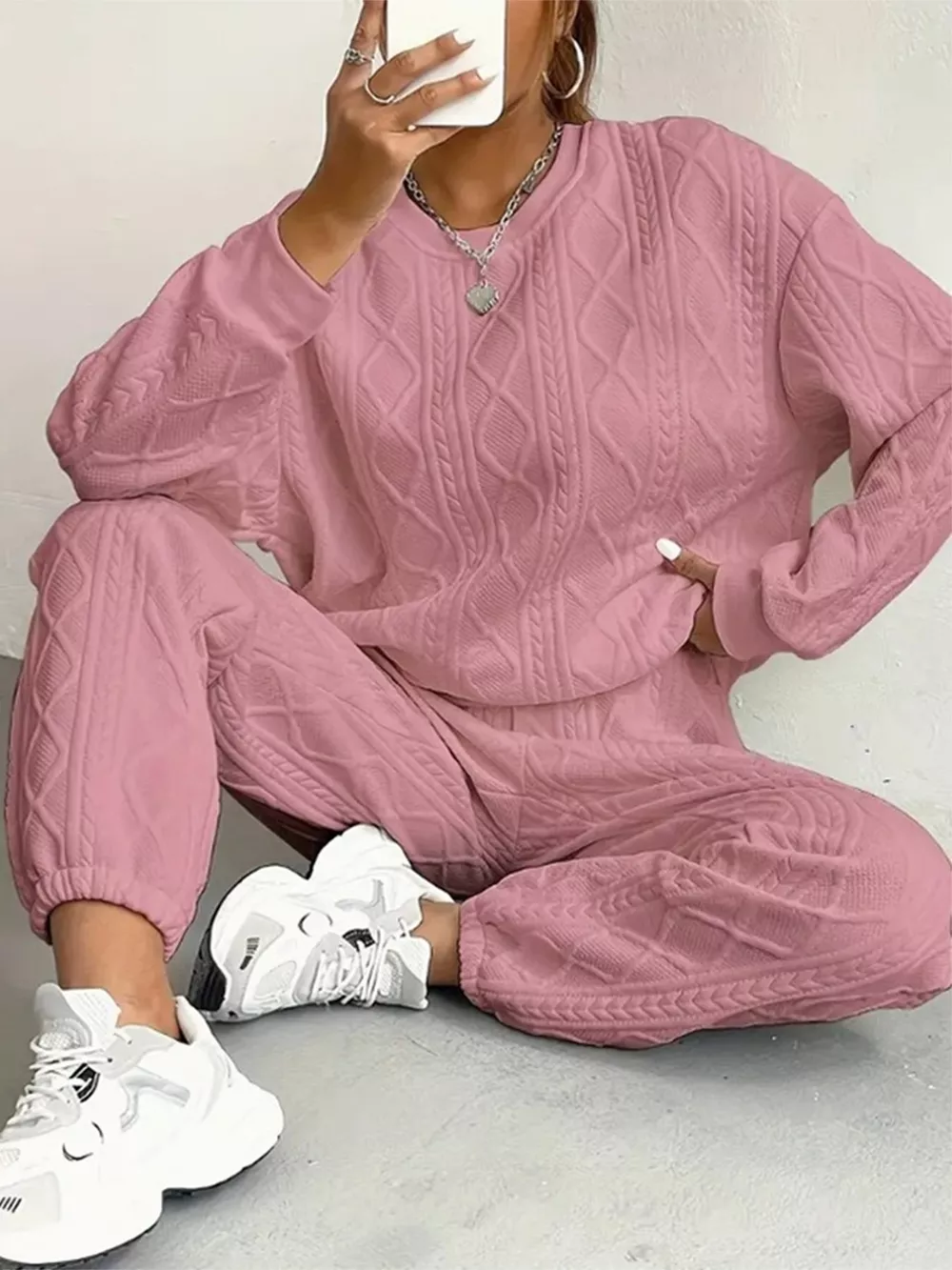 Texture Round Neck Top and Pants Set, image 20