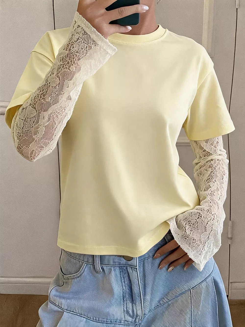 Lace Sleeve Round Neck T-Shirt, image 2