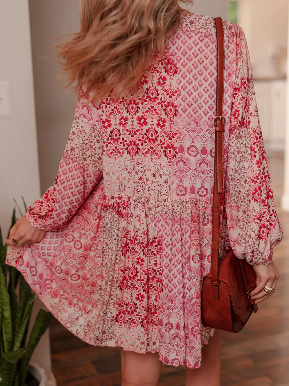 loral Print Tassel Tie Long Sleeve Flowy Mini Dress, image 13