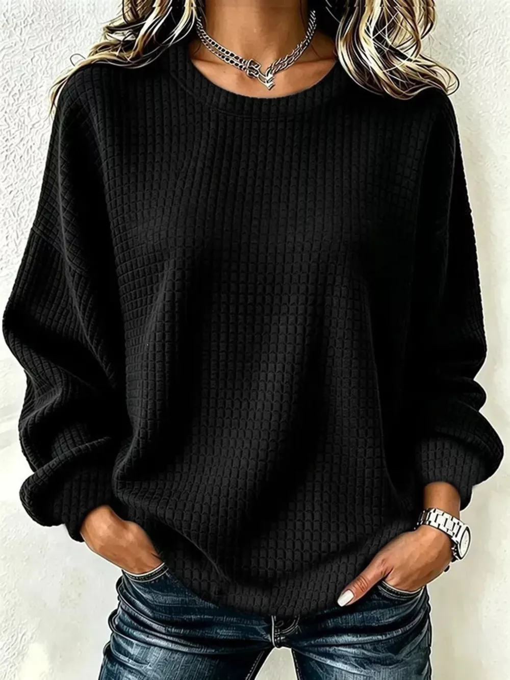 Full Size Textured Crew Neck Long Sleeve Sweatshirt Plus Size, image 5