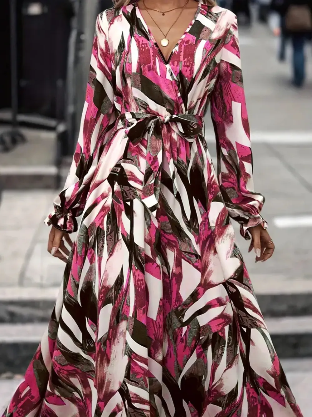 Printed Surplice Long Sleeve Maxi Dress, image 9