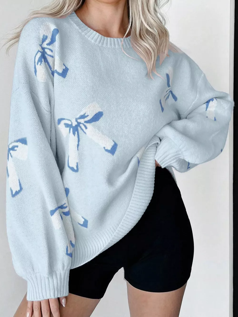 Bow Round Neck Dropped Shoulder Sweater, image 2