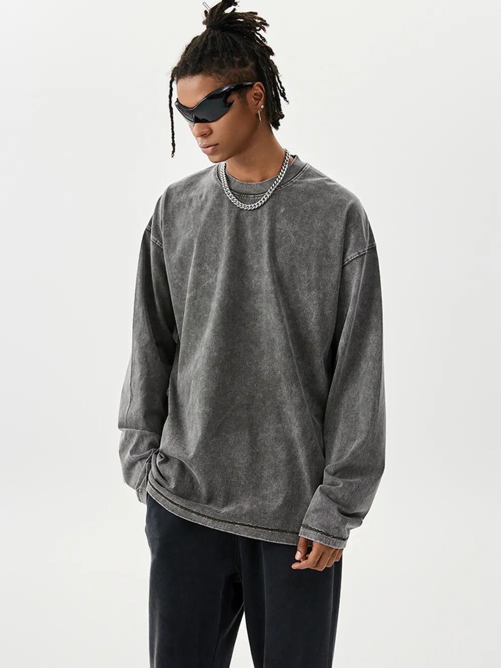 Men's Washed Round Neck Long Sleeve T-Shirt, image 5