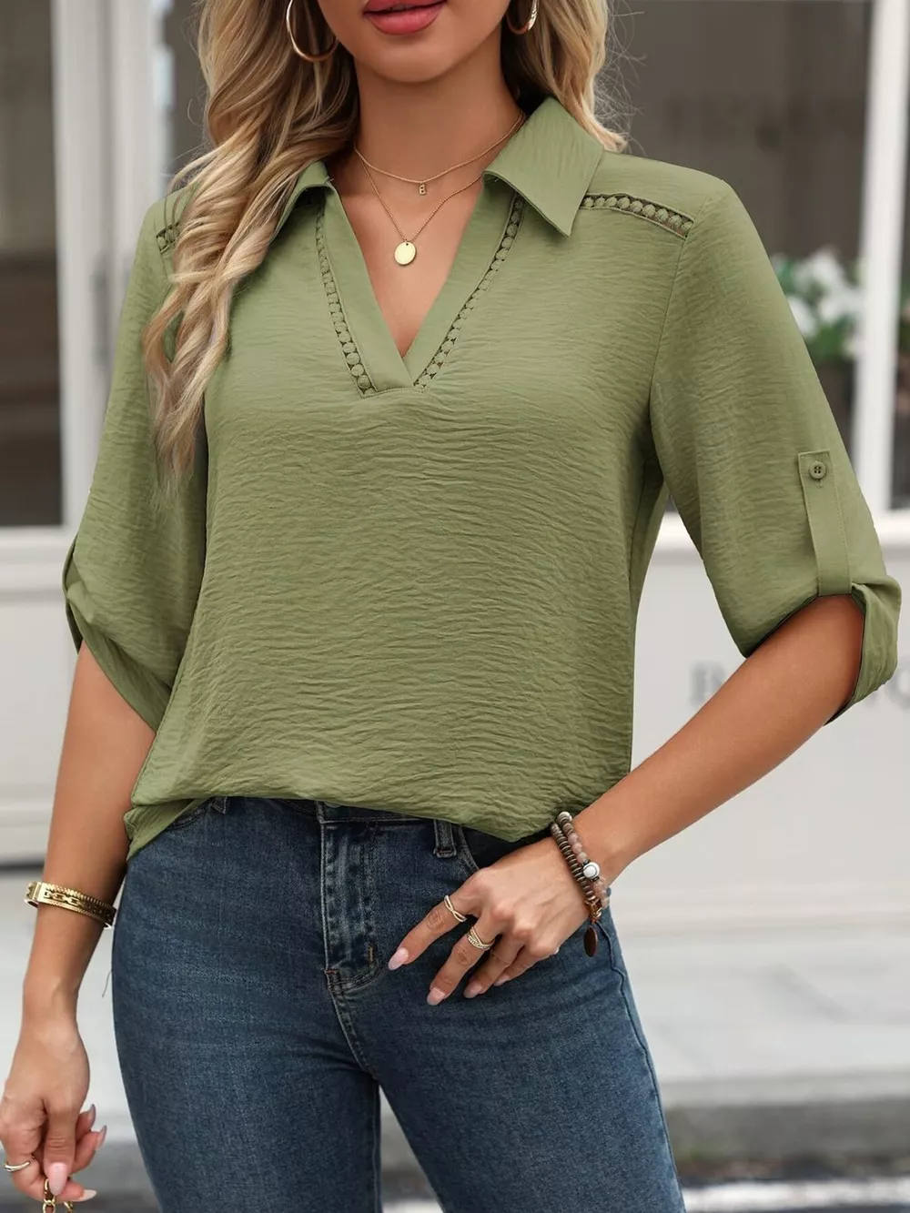 Johnny Collar Texture Blouse, image 7