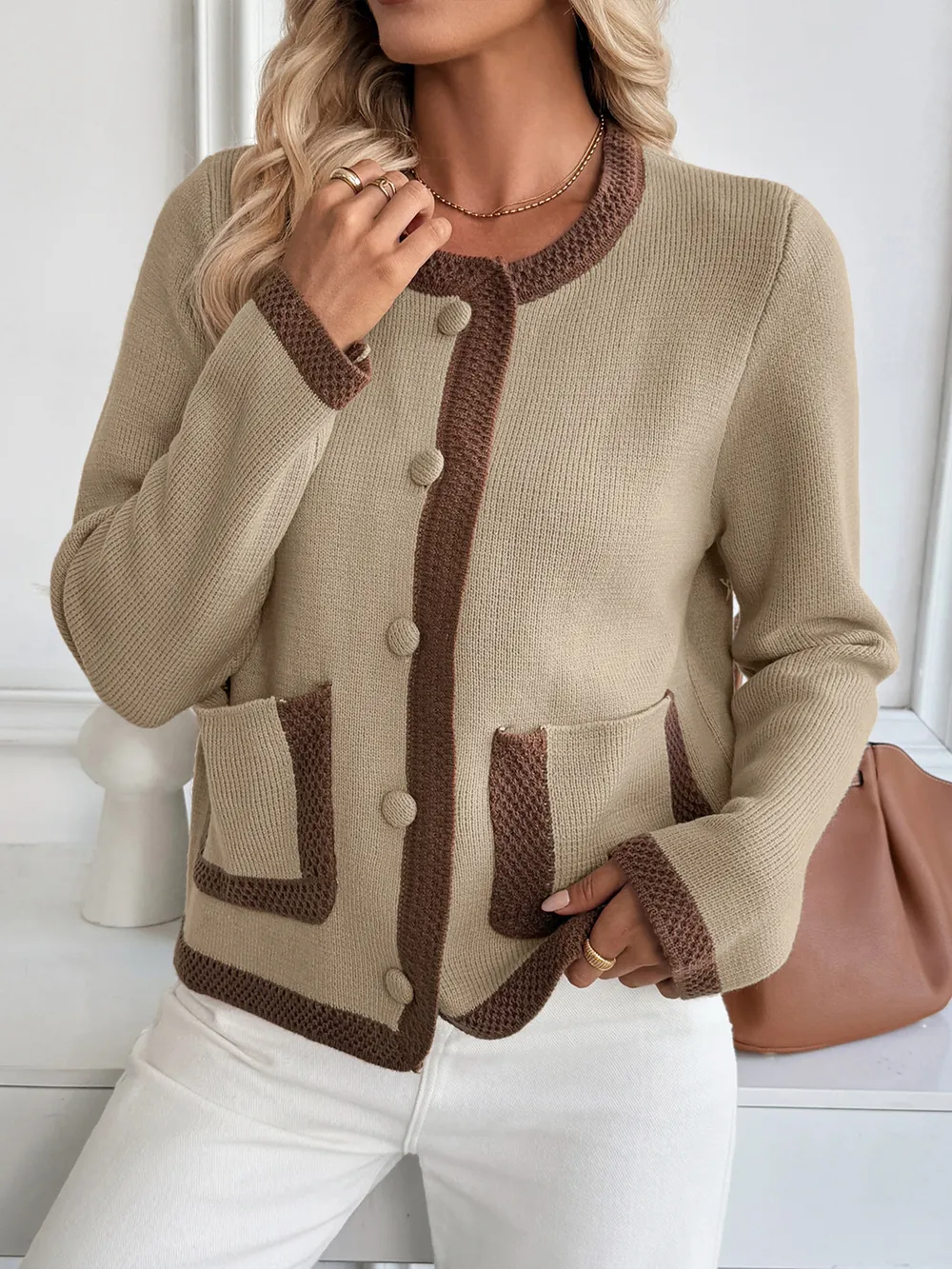 Button-Front Cardigan with Contrast Trim, image 4