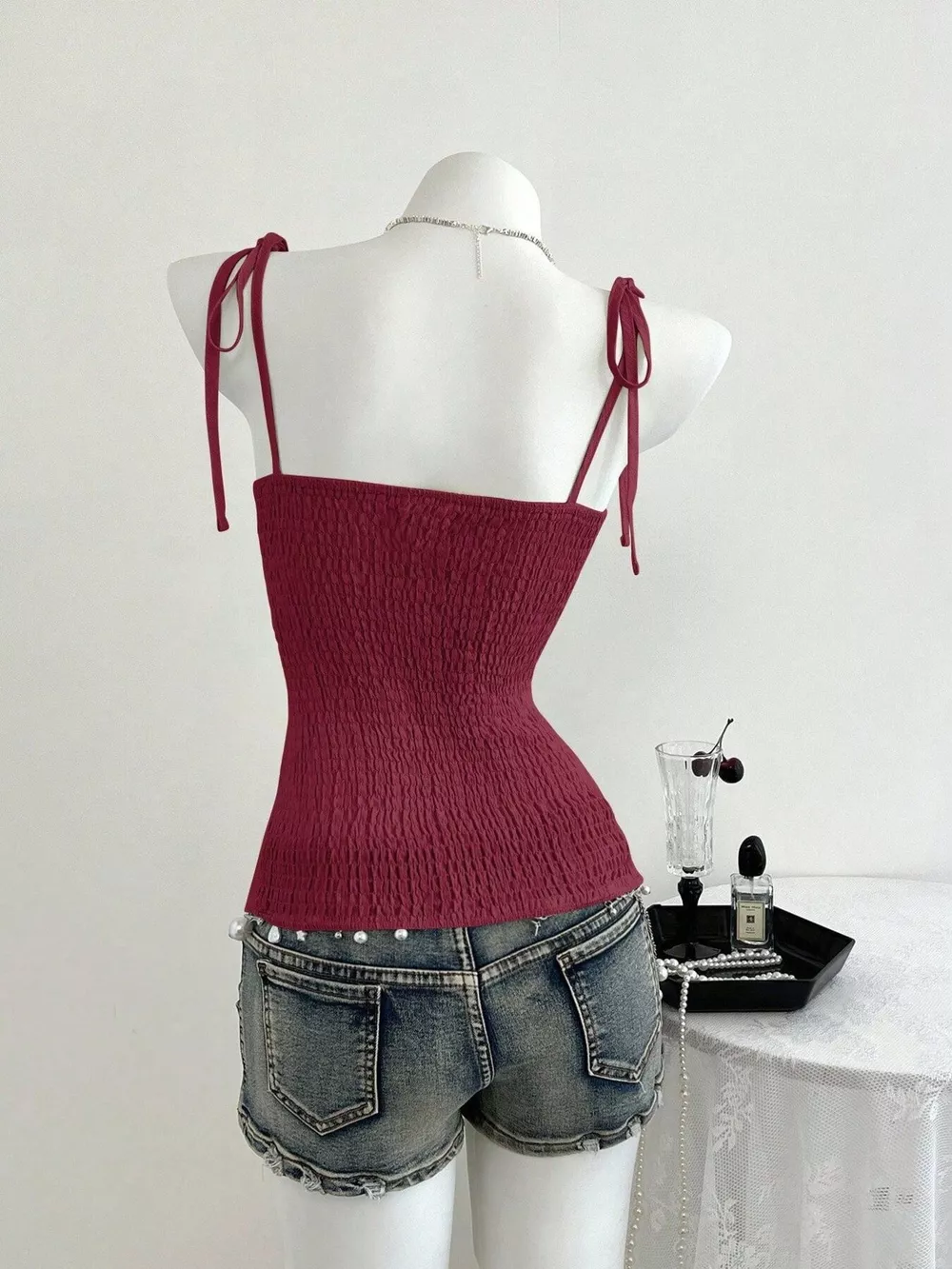 Lace-Trimmed Tie Shoulder Cami, image 8