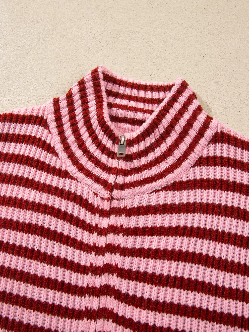 Striped High Neck Zip-up Sweater Long Sleeve Casual Fit Drop Shoulder Open Front Cardigan, image 5