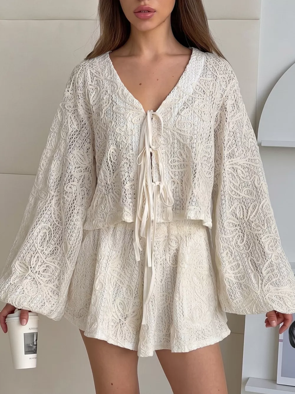 Lace Crochet Tie Front Top and Shorts Two-Piece Lounge Set, image 2