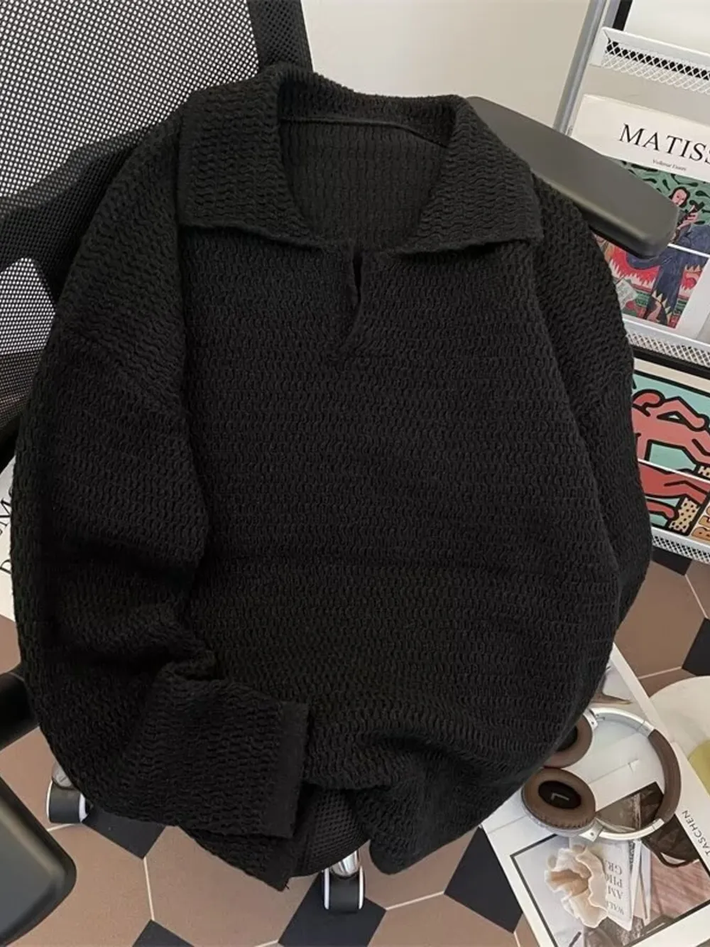 Men's Textured Knit Polo Collar Sweater, image 5