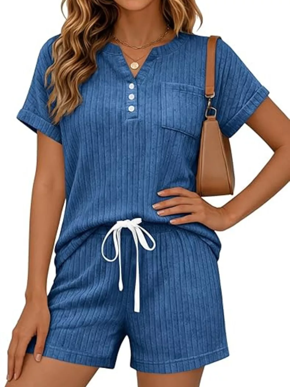 Casual Ribbed Knit Tee and Shorts Set, image 16