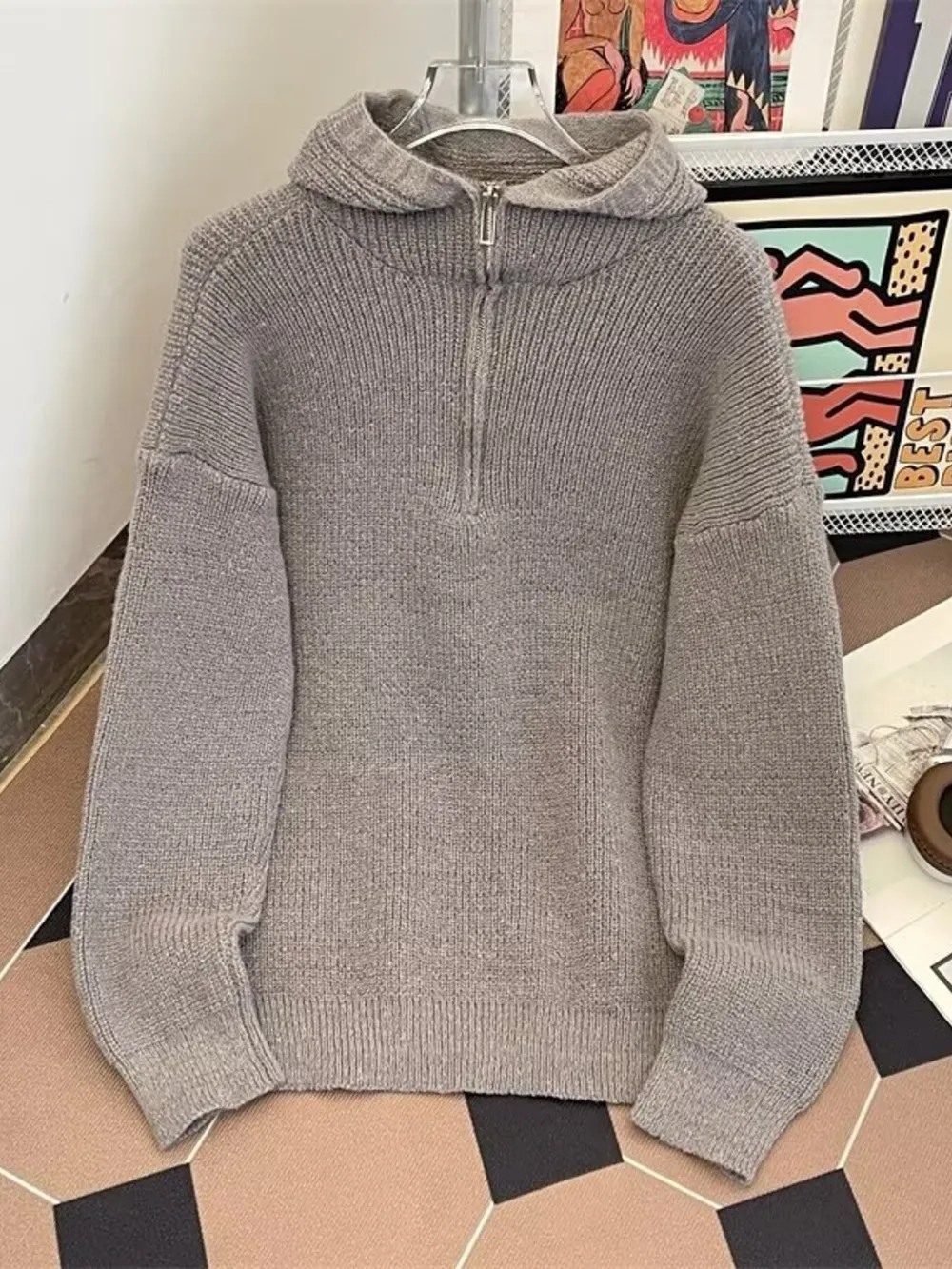 Men's Hooded Half Zip Knit Sweater, image 3