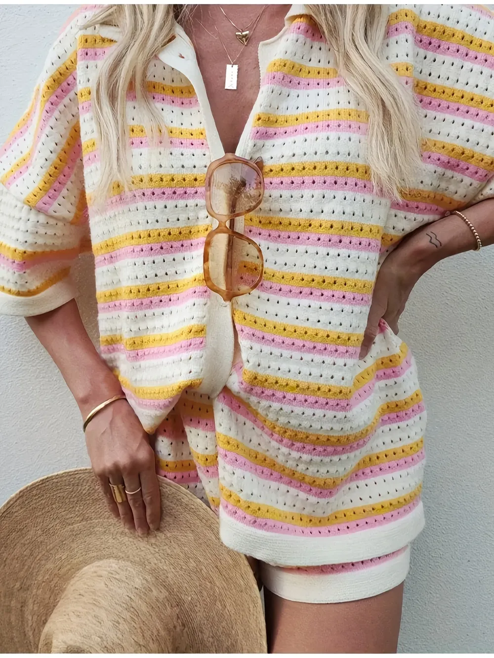 Colorful Striped Button Up Top and Shorts Sweater Set, image 7