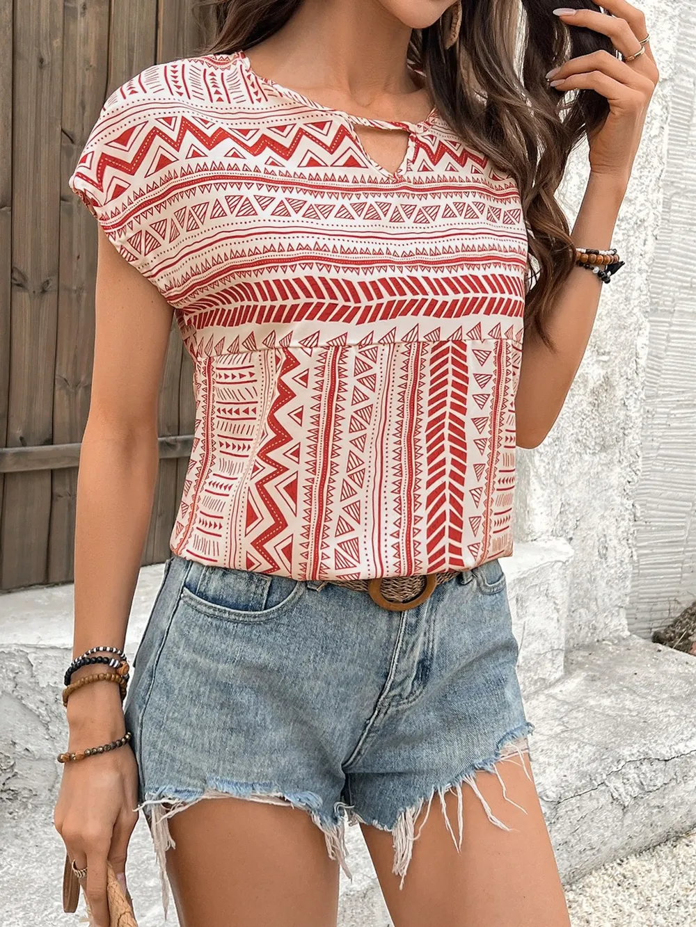 Geometric Print Short Sleeve Blouse, image 15