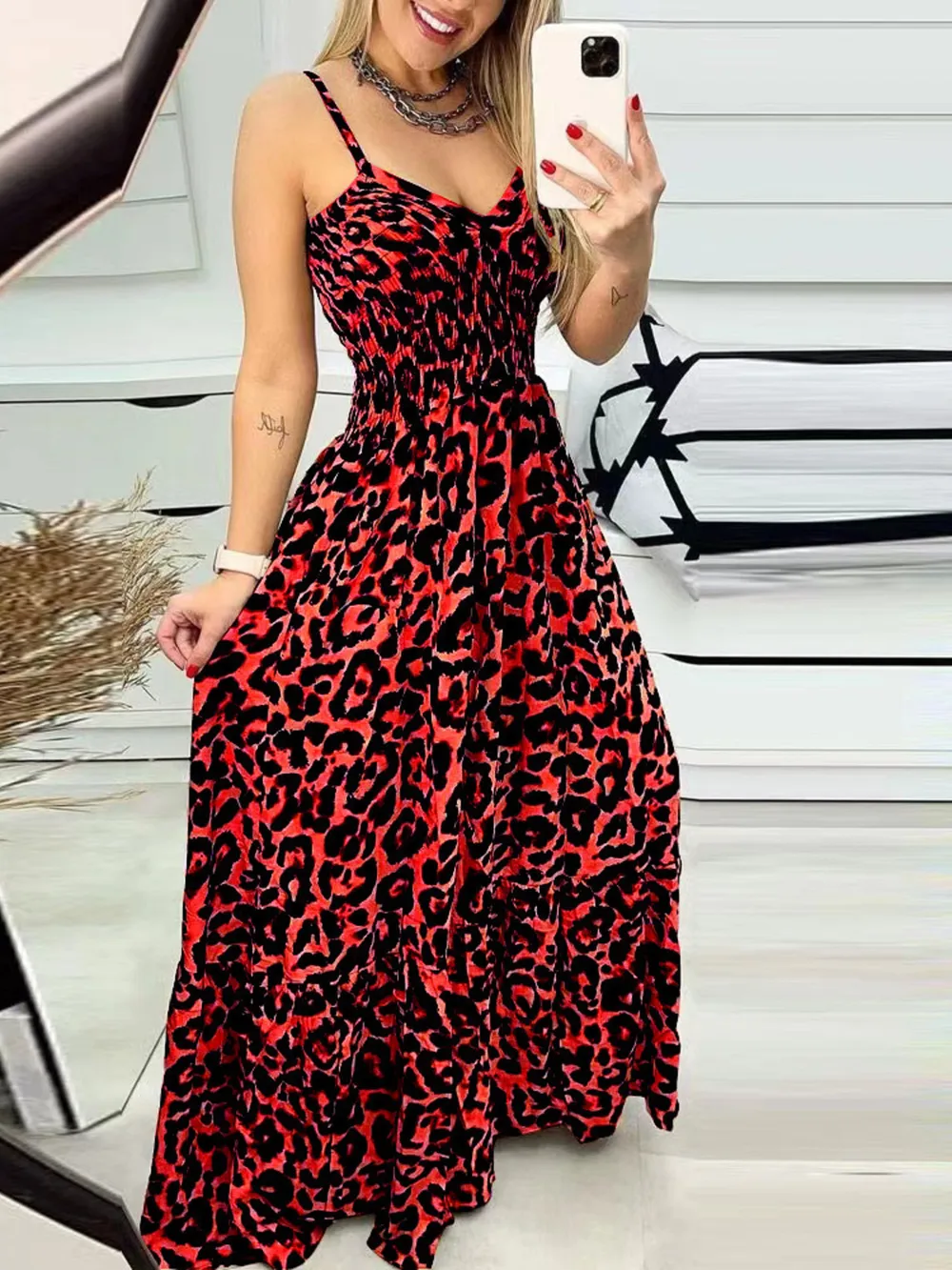 Full Size Leopard Print Spaghetti Strap Maxi Dress Plus Size, image 19