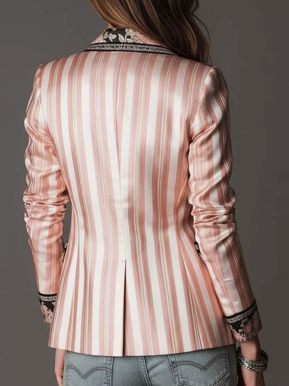 Floral Lapel Collar Striped Blazer, image 2