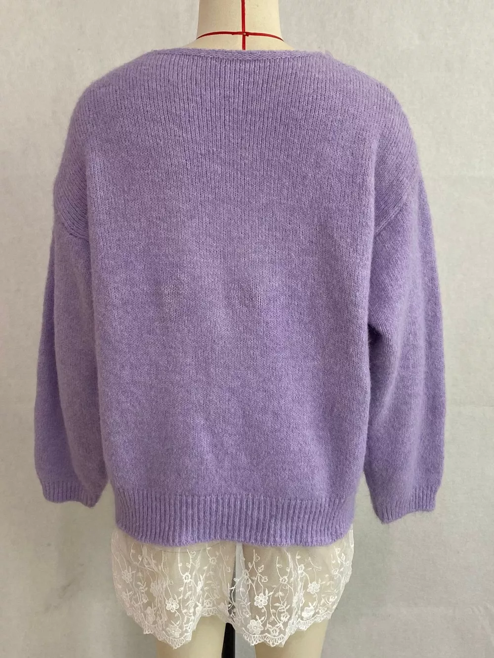 V-Neck Floral Applique Lace Hem Sweater, image 19