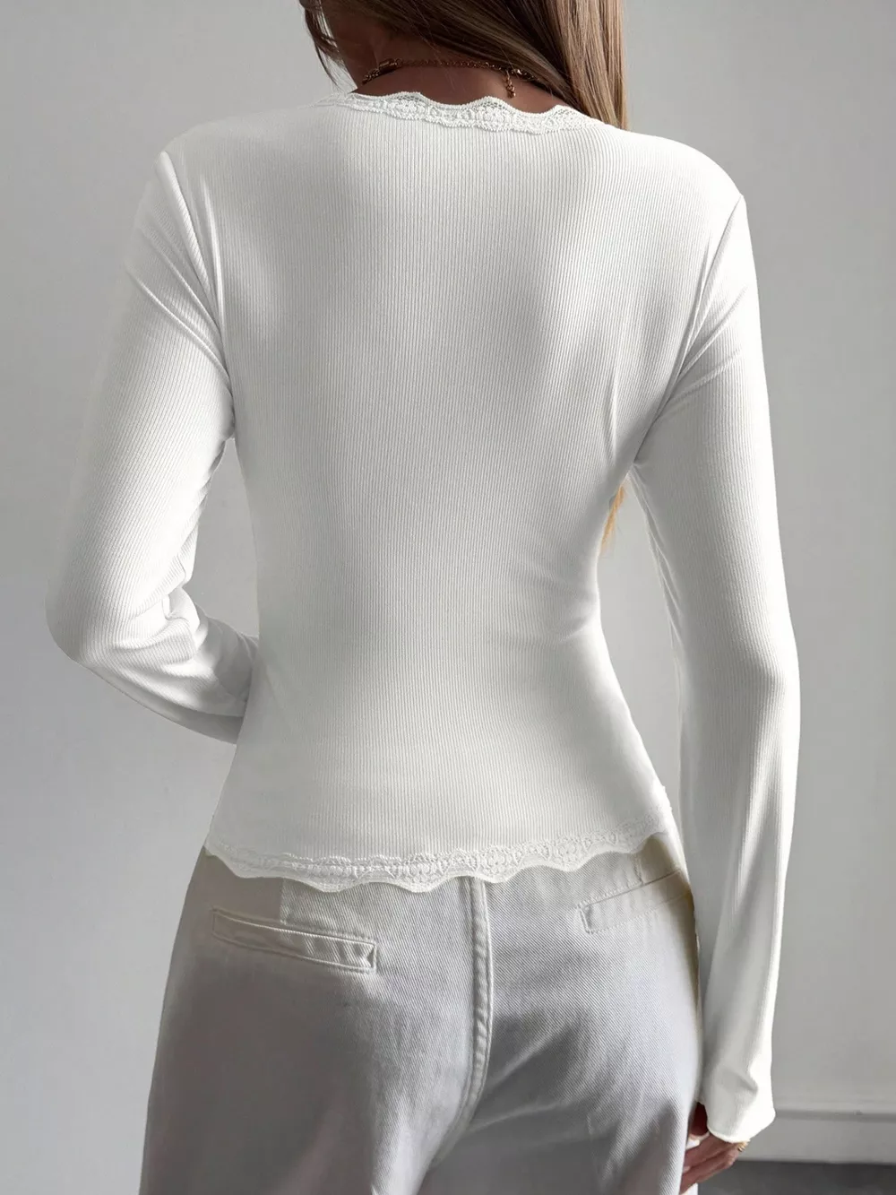 Lace Trim V-Neck Ribbed Long Sleeve Blouse, image 8