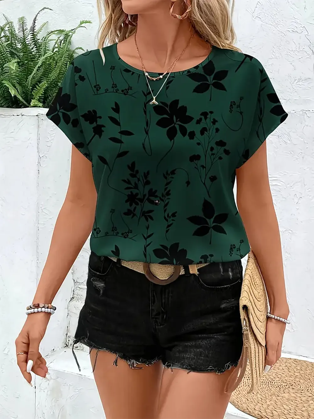 Printed Round Neck Short Sleeve Blouse, image 12