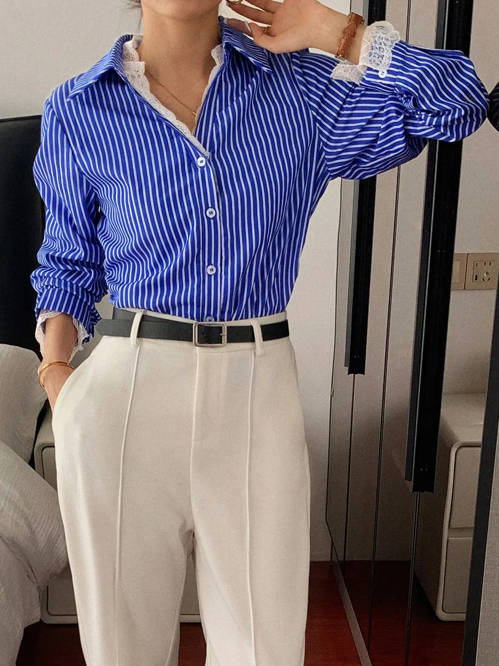 Striped Button-Down Shirt with Lace Detail, image 3